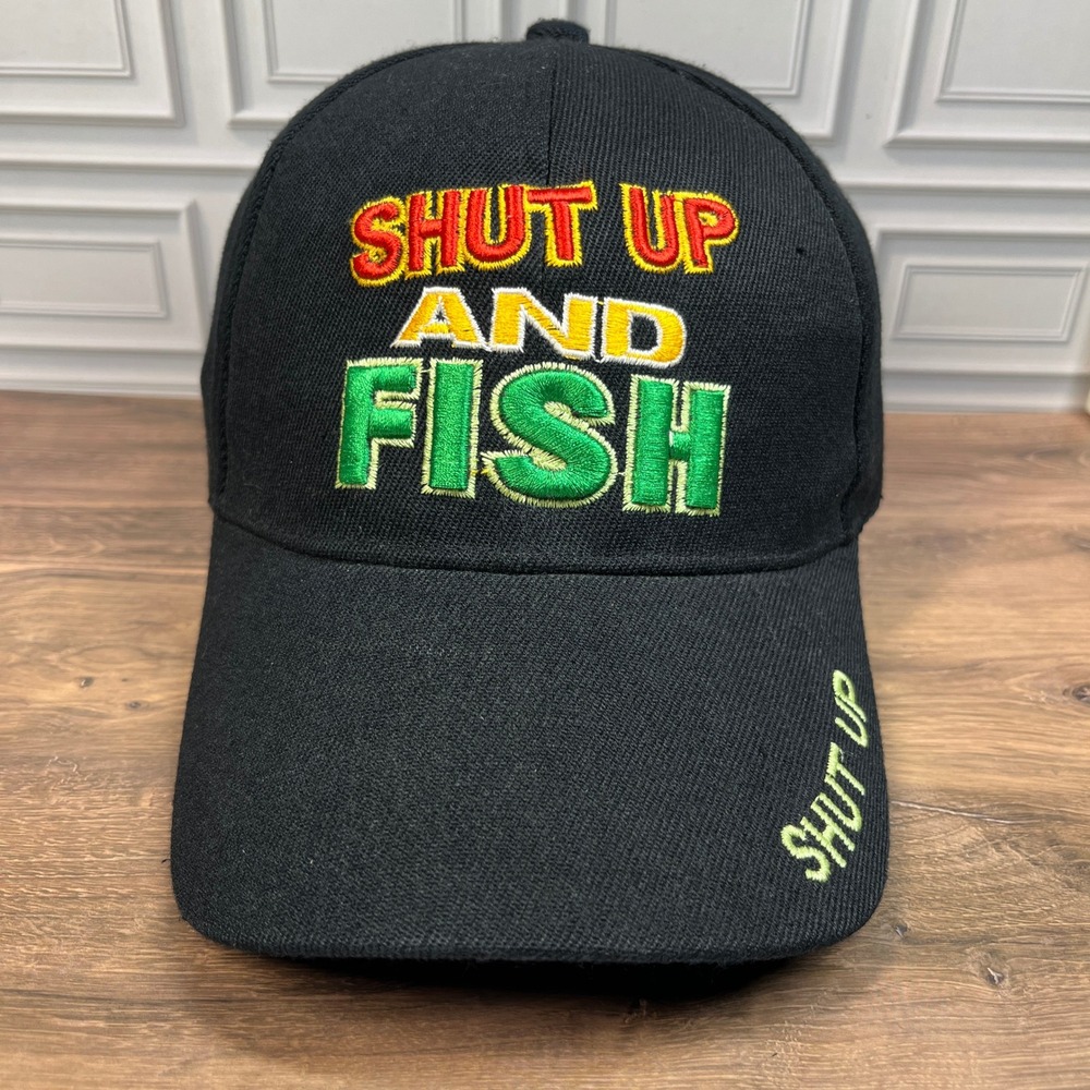 Shut Up And Fish Hat Mens OSFM Black Embroidered Fishing Cap Adjustable